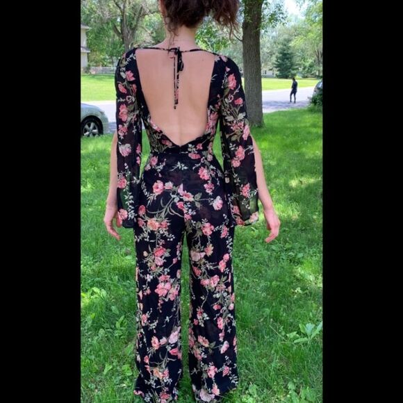 Reformation Pants - Reformation Black Floral Open Back Jumpsuit, Boatneck,Slit Sleeves,made in USA,0